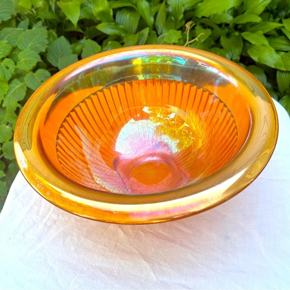 Vintage Federal Glass Orange Carnival Glass Rolled Edge Bowl 11 1/2